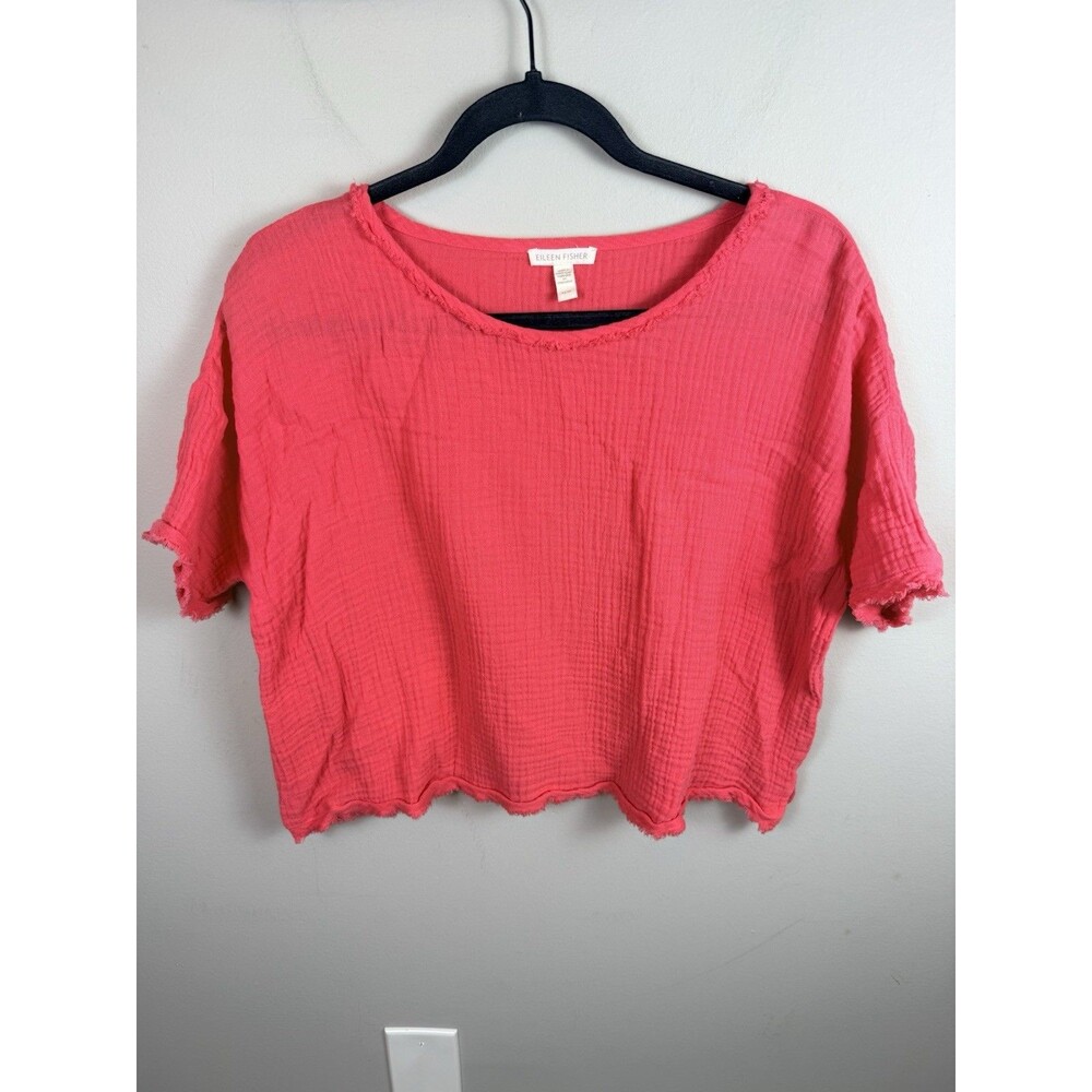 Eileen Fisher Red Pink 100% Organic Cotton Top size XSmall Short Sleeve Frayed